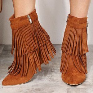 Tassel Wedge Heel Ankle Booties in Ochre